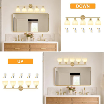 Bathroom Light Fixtures, 5-Light Brushed Gold Vanity Lights for Bathroom with White Tulip Glass Shade, 30" Vintage Bathroom Vanity Lighting Fixtures Over Mirror for Bedroom Living Room Hallway