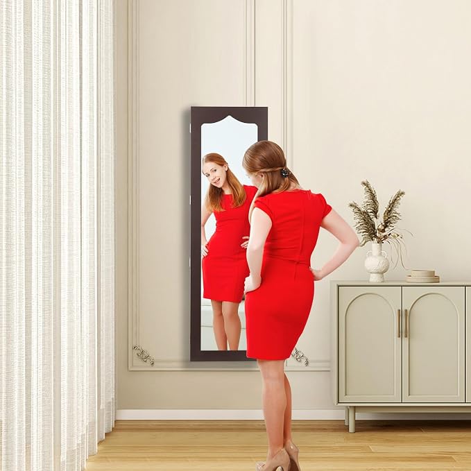 LOKO Lockable Wall-Mounted Mirror Jewelry Cabinet, Tall Jewelry Organizer with 5 LEDs, Large Capacity Jewelry Armoire with Full Length Mirror and 6 Drawers for Women Girls (Brown)