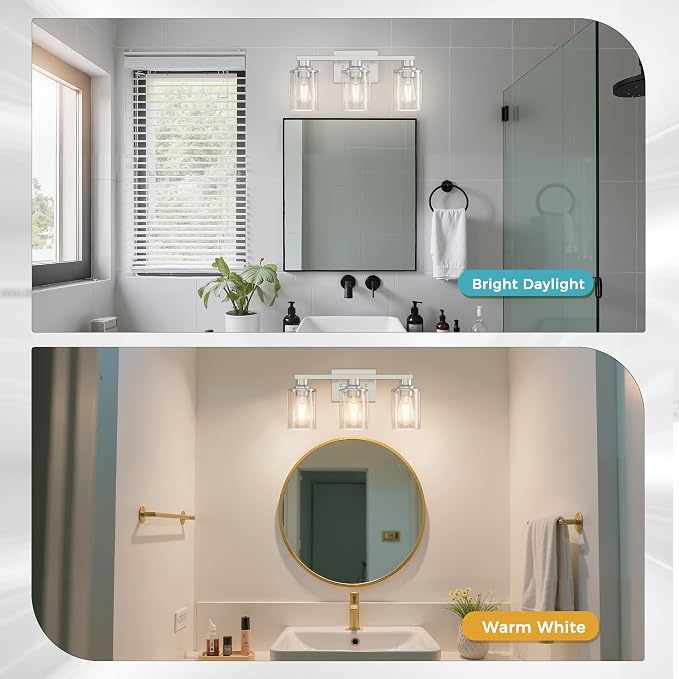 DORESshop 17 Inch 3-Light Chrome Bathroom Vanity Light Over Mirror | Modern Vanity Mirror Light, Brushed Chrome Vanity Light with Clear Glass Shade, Wall Mount Lighting for Bedroom Living Room