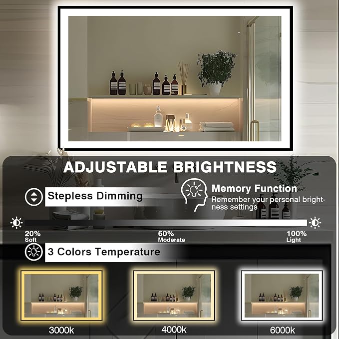 EchosLife 66x36 LED Lit Bathroom Mirror - Black Framed | Black Frame, Front and Backlit, Anti-Fog, Stepless Dimmable, 3 Colors, Memory, Tempered Glass, UL Listed, Horizontal/Vertical