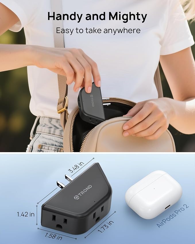 TROND Multi Plug Outlet 3 Pack, Wall Extender with 3-Prong Grounded Sockets | 3 Way Angled Outlet Adapter, Cruise Essentials, Small Multiple Expander for Travel, Home, Hotel, Dorm Room, Black