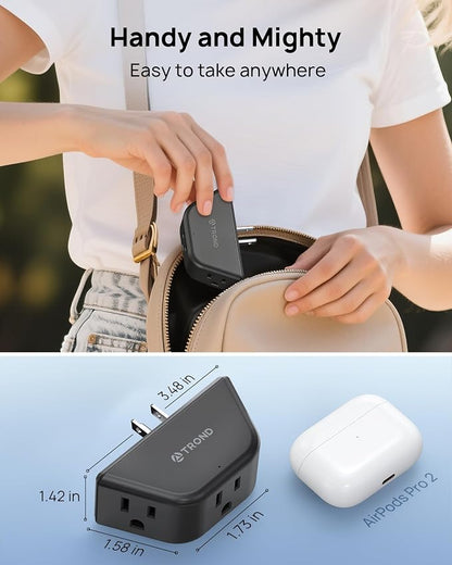 TROND Black Outlet Extender, 3 Prong Grounded Plug Extension Outlet | 3 Way Angled Wall Plug Splitter, Cruise Ship Essentials, Multiple Expander with 3 Electrical Sockets for Bathroom, Kitchen