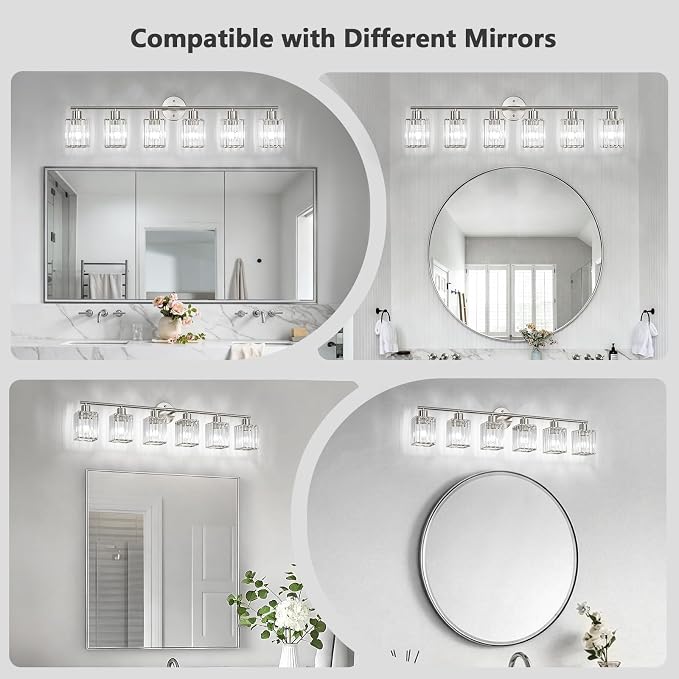 6 Light Bathroom Light Fixtures, Modern Crystal Vanity Lights over Mirror | Metal Frame, Bathroom Light with Square Crystal Shade, ETL Certified, E26 Ceramic Socket, Bulbs Not Included