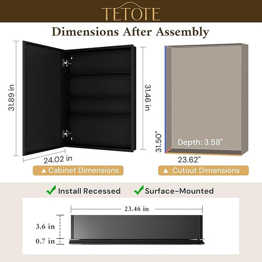 TETOTE 24 x 32 Medicine Cabinet with Mirror with Tempered Beveled Mirror Black Medicine Cabinet Aluminum Cabinet DTC Hinges, Stepless Adjustable Shelves, Recessed/Surface-Mounted