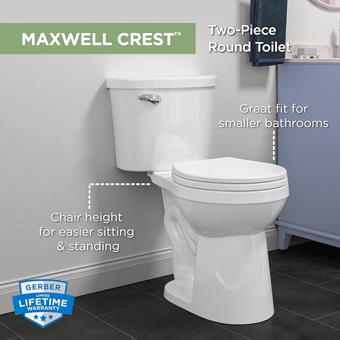 Gerber Maxwell Crest Round Two-Piece Toilet, Soft-Close Seat, White | Efficient flush clears the bowl with ease | Tool-free install kit with wax ring included | Glazed trapway prevents clogs