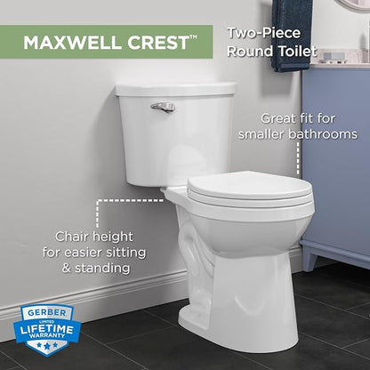 Gerber Maxwell Crest Round Two-Piece Toilet, Soft-Close Seat, White | Efficient flush clears the bowl with ease | Tool-free install kit with wax ring included | Glazed trapway prevents clogs