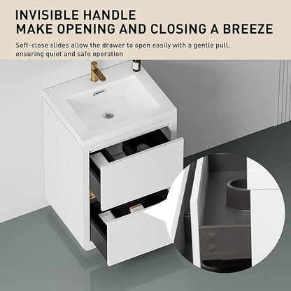 24 Inch Bathroom Vanity with Sink, Single Sink Bathroom Vanity, Freestanding Vanity Bathroom Soft Closed 2 Drawers, Integrated Sink (Glossy White)