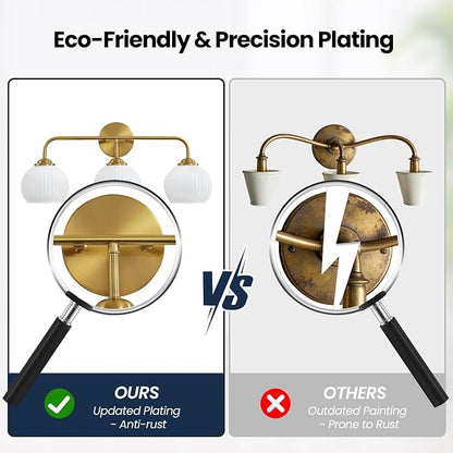 RUIYEY Bathroom Vanity Light Fixtures: 3-Lights Lantern Gold Vanity Lights for Bathroom, 23.6 Inch E26 60W Modern Bathroom Lighting Fixture with Milky White Glass for Bath Restroom