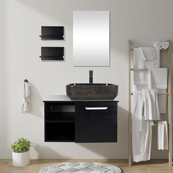 28 Inch Wall Mounted Bathroom Vanity and Ceramic Sink Combo with Mirror and ORB 1.5GPM Water Saving Faucet and Pop-up Drain Set Modern Lavatory Floating Vanity with Counter Top Sink