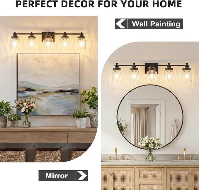 5 Light Bathroom Light Fixtures Farmhouse Black Vanity Lights | ETL Certificate, Easy to Install,Wall Mount Up or Down,Hammered Glass Lampshade,E26 Socket,Hardwired,120V