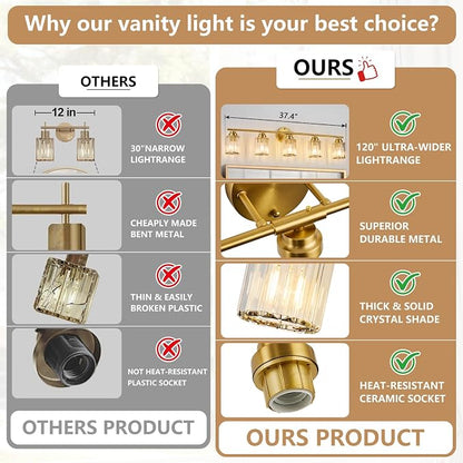 5-Light Crystal Bathroom Light Fixtures, Modern Gold Vanity Light, 37.4" Vanity Lights with Clear Crystal Shade, E26 Base Wall Sconces Over Mirror for Bathroom, Bedroom, Hallway