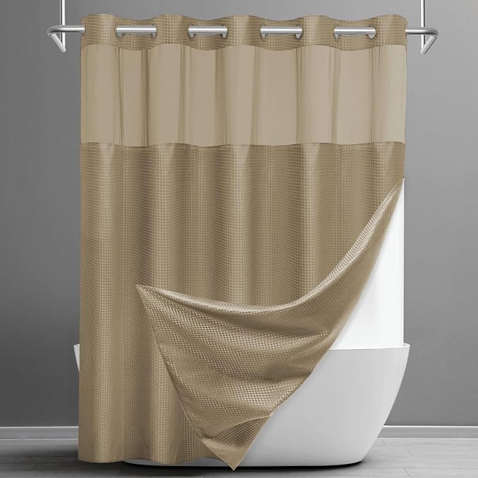 SORTTO No Hook Shower Curtain with Snap in Liner Set Waffle Shower Curtain for Bathroom Hotel Style Fabric Waterproof Inner Liner，71" W x 74" H, Beige