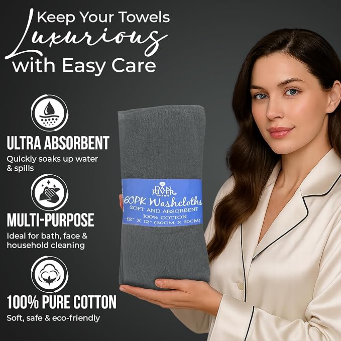 DAN RIVER 60 Pack Wash Cloths for Showering [12x12] - 100% Cotton Washcloths Premium Quality Flannel Face Cloths for Bathroom, Highly Absorbent and Soft Feel Wash Clothes, Grey