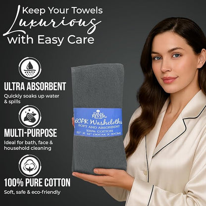 DAN RIVER 60 Pack Wash Cloths for Showering [12x12] - 100% Cotton Washcloths Premium Quality Flannel Face Cloths for Bathroom, Highly Absorbent and Soft Feel Wash Clothes, Grey