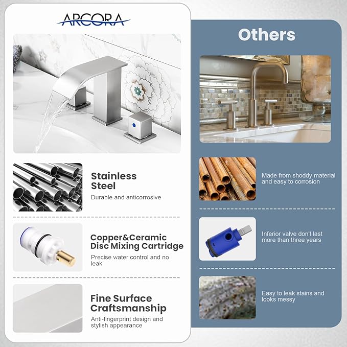 ARCORA Brushed Nickel Waterfall Bathroom Faucet - 8 Inch Widespread Bathroom Faucets for Sinks 3 Hole, Modern 2 Handles Bathroom Sink Faucet with Pon Up Drain and cUPC Supply Lines
