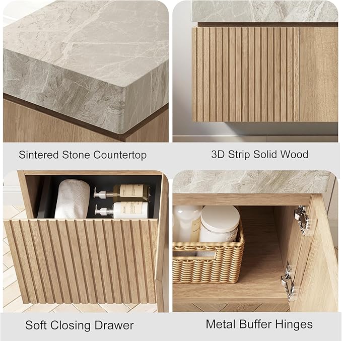 Ambrovina 48" Floating Bathroom Vanity with Sink, Modern Plywood Bathroom Storage Cabinet with Drawer and 2 Doors, Gray Sintered Stone Countertop and White Ceramic Basin, Pre-Assembled, Light Oak