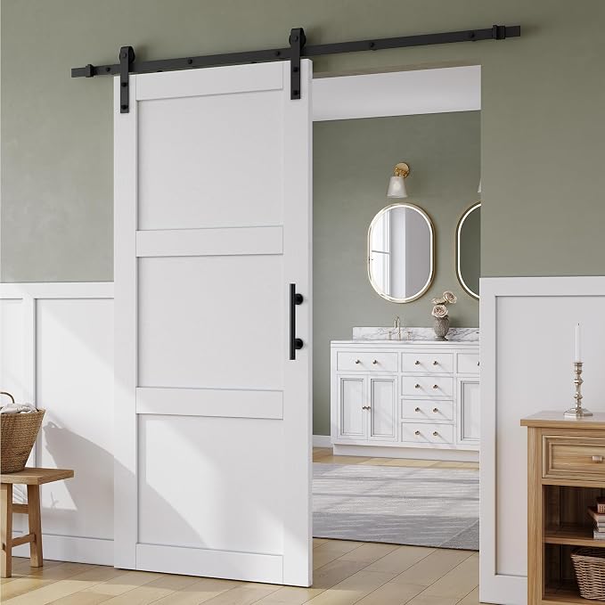 SMARTSTANDARD 36in x 84in Sliding Barn Door with 6.6FT HardwareTrack,3Panel | Waterproof PVC Surface, Pre-Drilled Holes Easy to Assemble, White, Solid, MDF