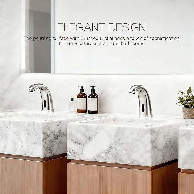 Touchless Bathroom Sink Faucet Automatic Motion Sensor Hands Free Faucet with Hole Cover Plate and Temperature mixing water valve,Commercial Solid Brass Faucet,1 Hole or 3 Hole, AC/DC Powered (Nickel)