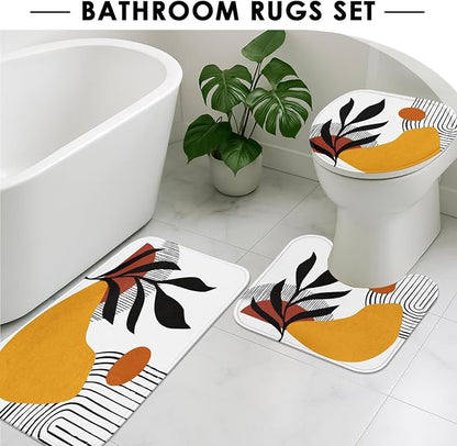 Bathroom Sets with Shower Curtain and Rugs, 4 Pcs, Geometric Boho | Botanical Minimalist Midcentury Bathroom Decor Set with Toilet Lid Cover, Non-Slip Bath Mats and Accessories 12 Hooks