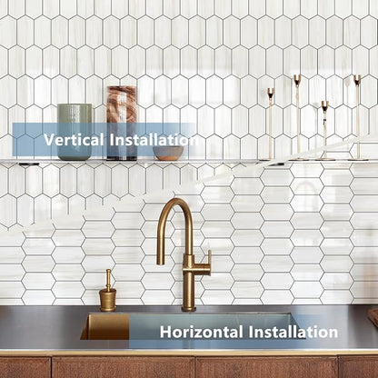 Vamos Tile Long Hexagon Peel and Stick Backsplash Tile - 10 Sheets Stick on Backsplash for Kitchen and Bathroom 12.4 x 12 Inch Glossy Dolomite White PVC Self Adhesive Mosaic Wall Tiles