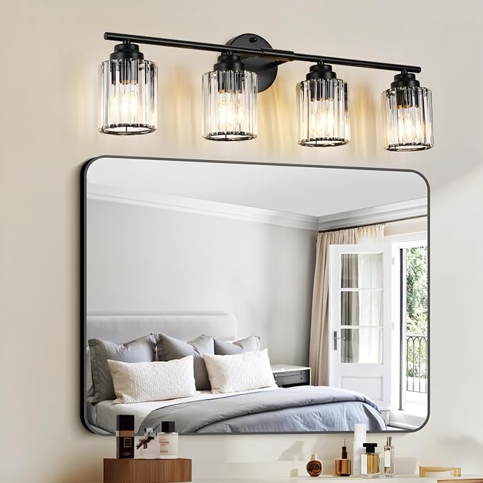 29.1" Black Vanity Light, 4-Light Bathroom Light Fixtures with Clear Crystal Shades, E26 Base Modern Black Wall Sconce, Vanity Lights for Bathroom Powder Room Bedroom Hallway