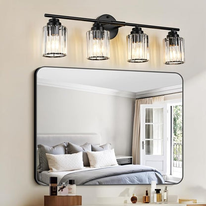 29.1" Black Vanity Light, 4-Light Bathroom Light Fixtures with Clear Crystal Shades, E26 Base Modern Black Wall Sconce, Vanity Lights for Bathroom Powder Room Bedroom Hallway