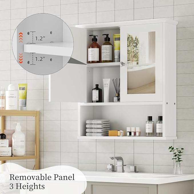 Shintenchi Bathroom Medicine Cabinet with Mirror, Wall Mounted, White | Over The Toilet Cupboard, Adjustable Shelf, Open & Concealed Storage, 2 Magnet Doors, Space-Saving, Easy to Clean