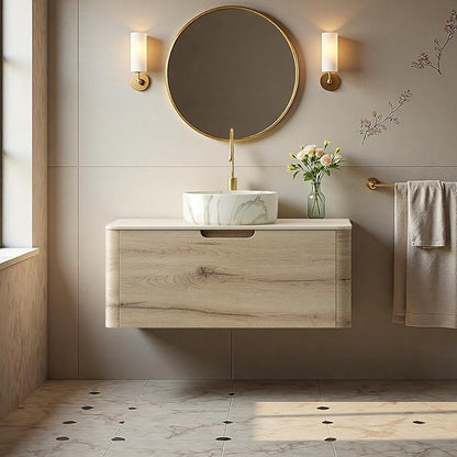Bathroom Vanity with Sink, 36" Wall-Mounted Bathroom Storage Cabinet with Round Ceramic Basin & Soft-Close Undermount Drawer, Modern Pre-assembled Floating Vanity with Curved Design, White Oak