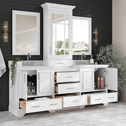 ARIEL Stafford 84-inch Bathroom Vanity with Sink,Solid Wood, 1.5-inch Pure White Quartz Countertop & Backsplash, Double Oval Porcelain Sink, 5 Soft Closing Doors, 6 Dovetail Drawers, White