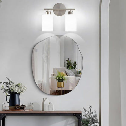 Brushed Nickel Bathroom Light Fixtures, 2-Light Modern Vanity Light Over Mirror, Wall Sconces with Milky White Frosted Glass Shades for Hallway, E26
