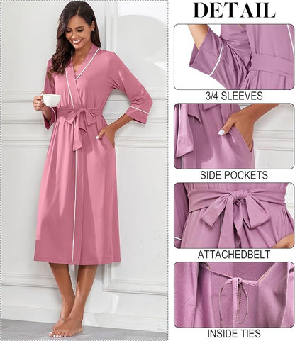 PrinStory Robes for Women 3/4 Sleeve Long Bath Robe XS-4XL | V-Neck Knit Bathrobe with Pockets, Lightweight, Soft, Breathable Robes for Shower, Spa, Travel, Home, Party, Nursing