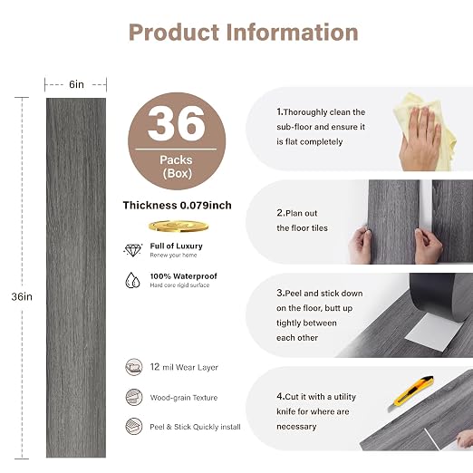 INMOZATA 36 Pack Peel and Stick Floor Tile Waterproof Vinyl Plank Flooring | 54 Sq.Ft, Heat-resistant, Wood Grain Self Adhesive Flooring for DIY Bedroom Living Room Bathroom Kitchen (Deep Gray)