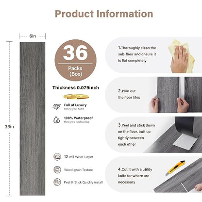 INMOZATA 36 Pack Peel and Stick Floor Tile Waterproof Vinyl Plank Flooring | 54 Sq.Ft, Heat-resistant, Wood Grain Self Adhesive Flooring for DIY Bedroom Living Room Bathroom Kitchen (Deep Gray)
