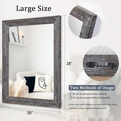 AAZZKANG Wall Mirror with Rectangle Wood Frame Large 28"x20" Rustic Decorative Hanging Mirrors for Bedroom Bathroom Living Room Home Office