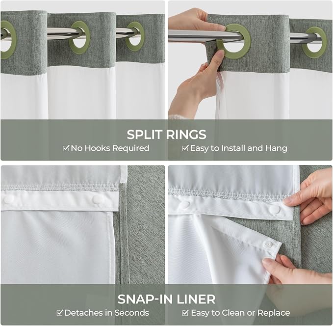 River Dream Linen Textured No Hooks Shower Curtain with Liner,Green,71x74 | Mesh Top Window,with Snap-in Liner,Heavy Duty Fabric,Quick Dry,Bottom Magnets,Water-Repellent,Washable,Farmhouse Bathroom Set