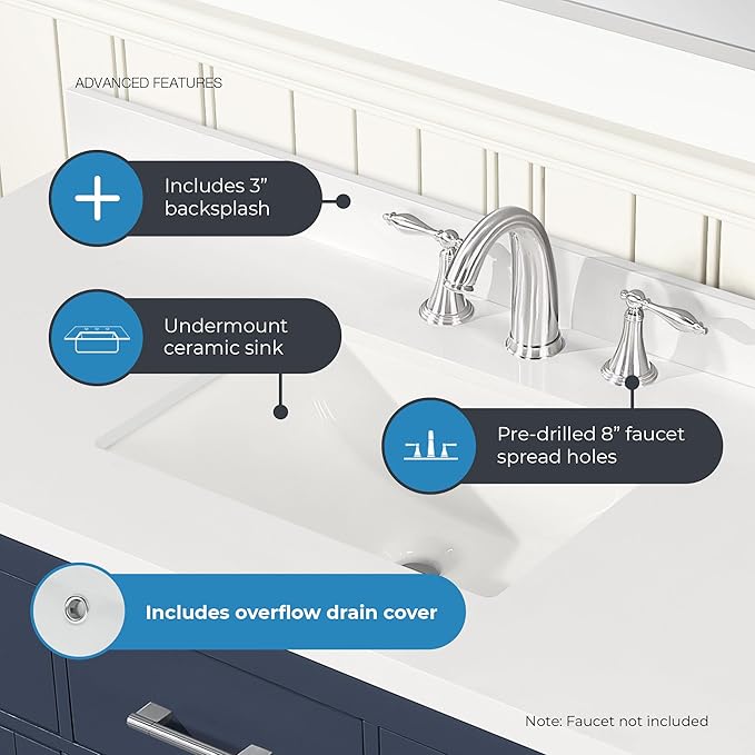 OVE Decors Bailey 48 in. Single Sink Freestanding Midnight Blue Bathroom Vanity with White Quartz Top, Matching Backsplash and Power Bar