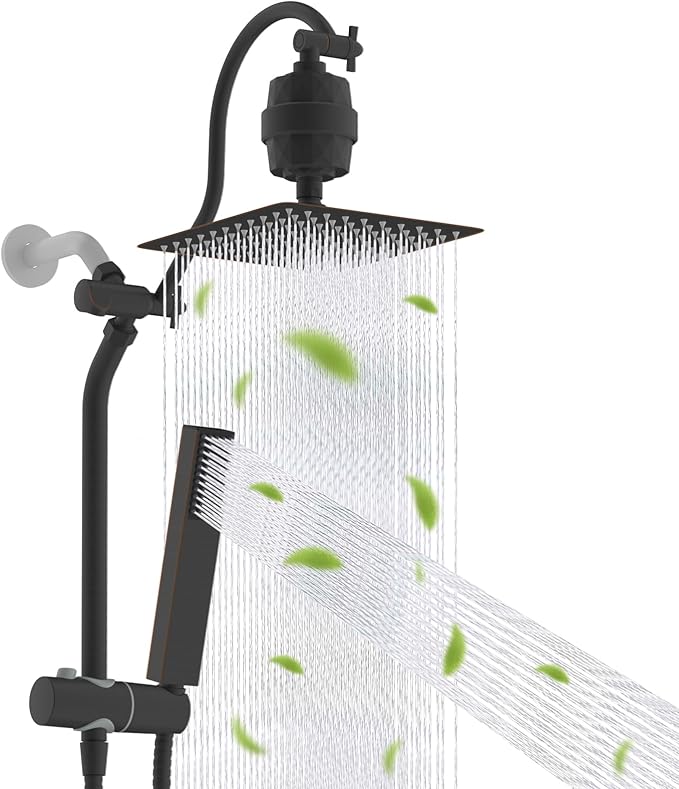 Hibbent 10'' Filtered Shower Head with 4-Spray Handheld, Oil Rubbed Bronze | High Pressure Showerhead Combo, 12'' Adjustable Extension Arm, Shower Filter, Extension Bar, Easy Reach Holder, 71'' Hose