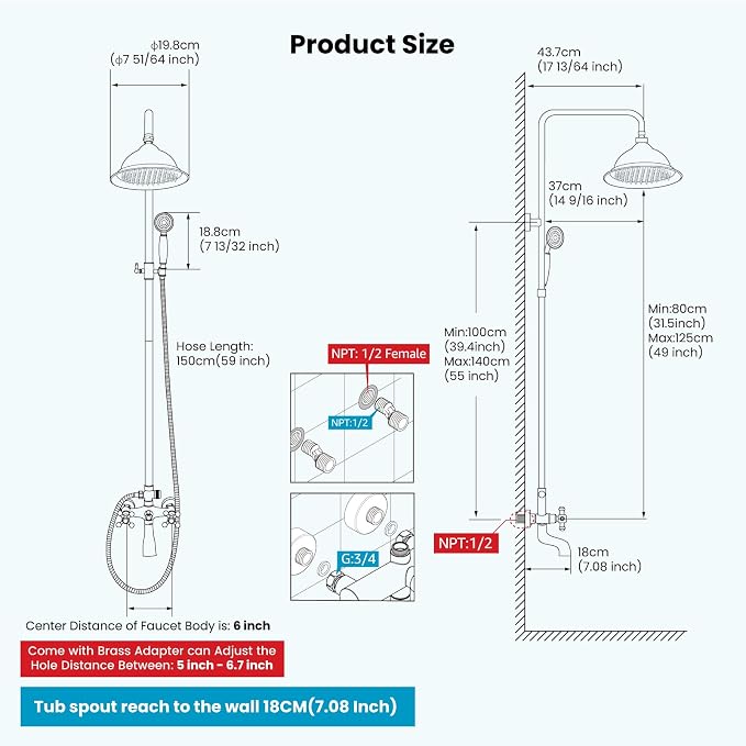 gotonovo Exposed Shower System with Spout,Oil Rubbed Bronze,No Shower Shelf | Brass Shower Faucet Set,8’’ Rain Head with Handheld Spray,Swivel Tub Spout,2 Cross Handle,6’’ Hole Distance,Adjustable Height