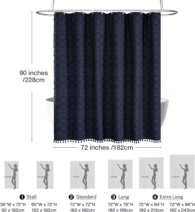 Extra Long Boho Shower Curtain with Tassels 72 x 90, Navy Blue