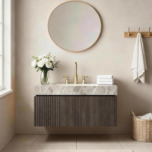 36" Floating Bathroom Vanity with Sink, Modern Plywood Storage Cabinet with Drawer and Door, Light Gray Sintered Stone Top and 3 Pre-drilled Faucet Holes Ceramic Basin, Pre-Assembled, Espresso