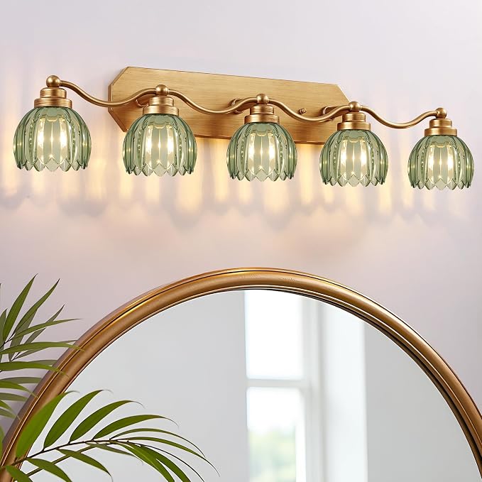 Gold Vanity Light, Vintage Tulip Green Glass Shade, Antique Brass Finish | 5 Light Brushed Gold Bathroom Light Fixtures, Crystal Wall Sconce, Mounted Over Mirror for Bedroom Hallway, Easy to Install