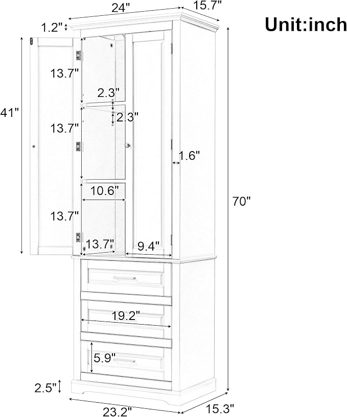 Merax 70" Pantry Cabinet with Two Doors & Three Drawer, Adjustable Shelves Storage Cupboard for Kitchen/Dining Room/Bathroom, White