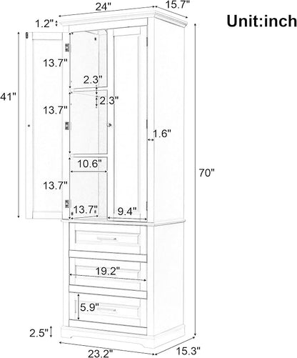 Merax 70" Pantry Cabinet with Two Doors & Three Drawer, Adjustable Shelves Storage Cupboard for Kitchen/Dining Room/Bathroom, White