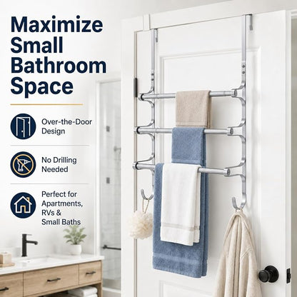CANYAVE Over The Door Towel Rack, Over Door Towel Rack for Bathroom Door, Triple Towel Storage Holder with Hooks (Silver)