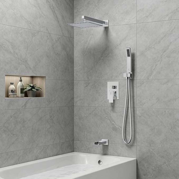 SR SUN RISE 10 Inch All Metal Square Shower System with Tub Spout, Tub Shower Faucet Set, High Pressure Rain Shower Head and Handheld Sprayer Shower Fixtues, Valve Included, Polished Chrome