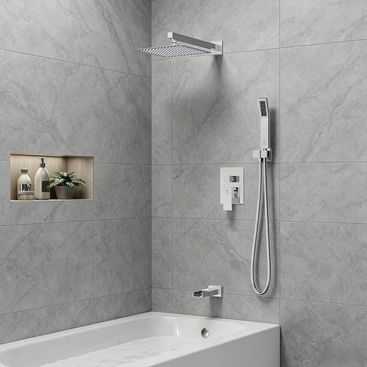 SR SUN RISE 10 Inch All Metal Square Shower System with Tub Spout, Tub Shower Faucet Set, High Pressure Rain Shower Head and Handheld Sprayer Shower Fixtues, Valve Included, Polished Chrome