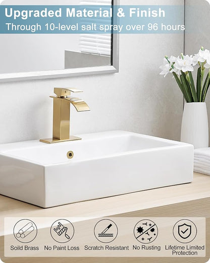 Gold Bathroom Faucet Waterfall, Brass Bathroom Faucets Single Hole or 3 Hole 4 Inch, Single Handle Bathroom Sink Faucet with Deck Plate & Drain