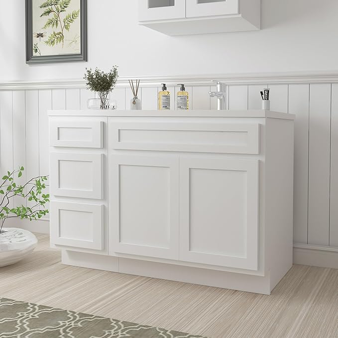 Vanity Art 54 inch Bathroom Vanity Base Only, Single Bathroom Vanity Cabinet with Soft Closing Shaker Drawer, Sturdy Floor Mounted Storage Cabinet Organizer for Bathroom, White, VA4039+VA4015-3