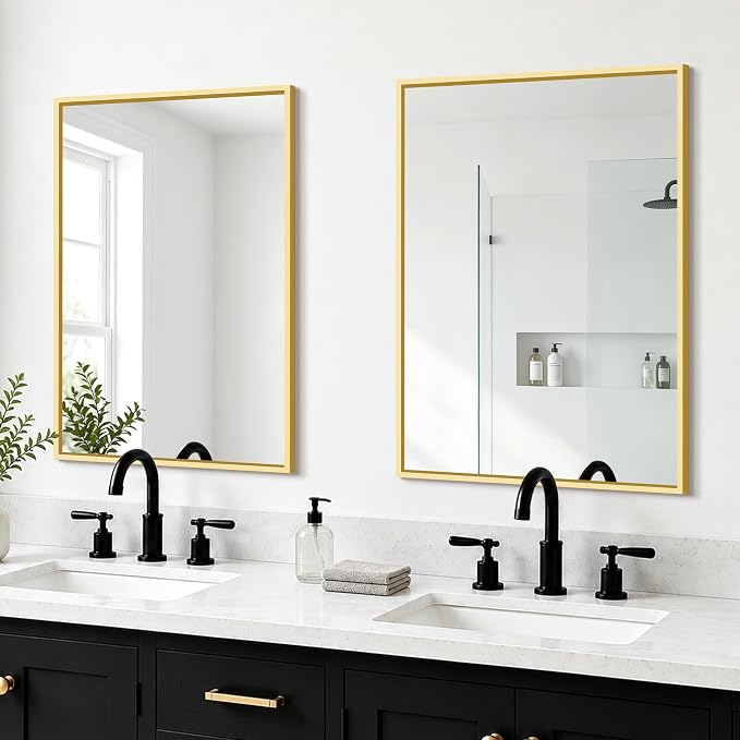Bathroom Mirror for Wall, 2 Pack 20"x30" Gold Vanity Mirror | Sturdy Rectangular Metal Frame, HD Tempered Glass, Hangs Horizontally or Vertically in Bedroom, Living Room, Entryway