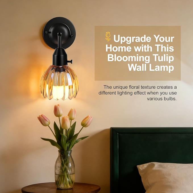Vintage Wall Sconces with Cute Amber Tulip Glass Lampshade, Black Wall Sconces Hradwired Modern Wall Lighting Fixture with Switch for Bedside Bedroom Living Room Wall Decor